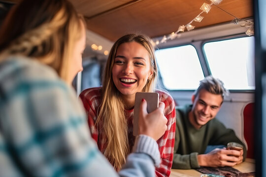 Generative AI illustration of delighted female and male friends in casual clothes laughing while using smartphone and drinking tea in van during trip