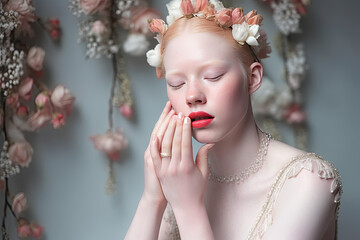 Generative AI illustration of young albino bride with elegant makeup and flower heads touching face gently against floral decorations