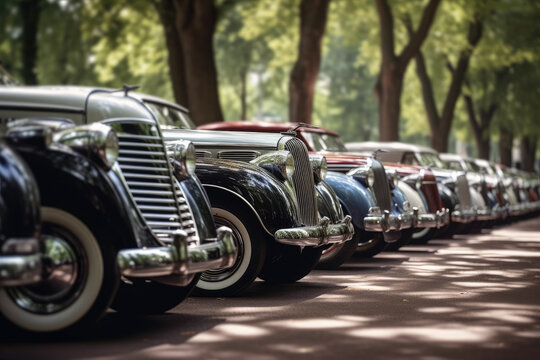 Generative AI illustration of side view of row of vintage cars parked on the street near trees during day against blurred background