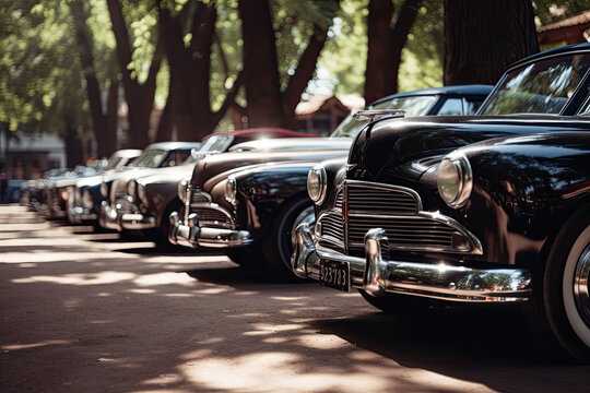 Generative AI illustration of side view of row of vintage cars parked on the street near trees during day against blurred background
