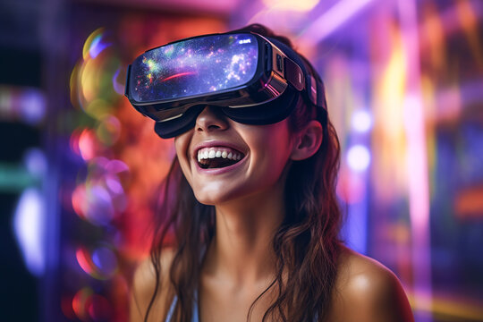 Generative AI image of excited young female and VR goggles smiling while standing against colorful background