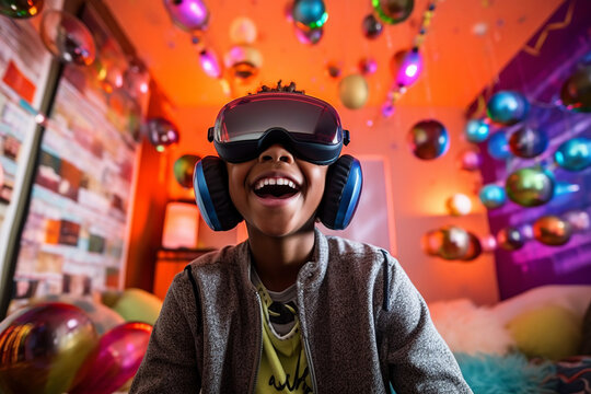 Generative AI image of positive African American boy in VR goggles smiling while exploring cyberspace in decorated room at home