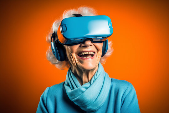 Generative AI image of excited senior woman in VR goggles smiling while experiencing another world against orange background