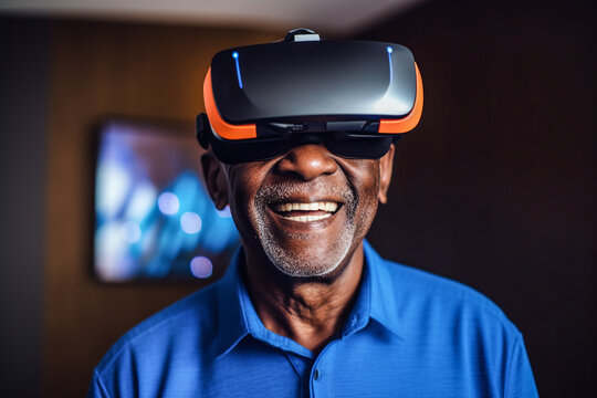 Generative AI Image Of Mature African American Man Experiencing Virtual Reality In Headset While Smiling Against Blurred Background