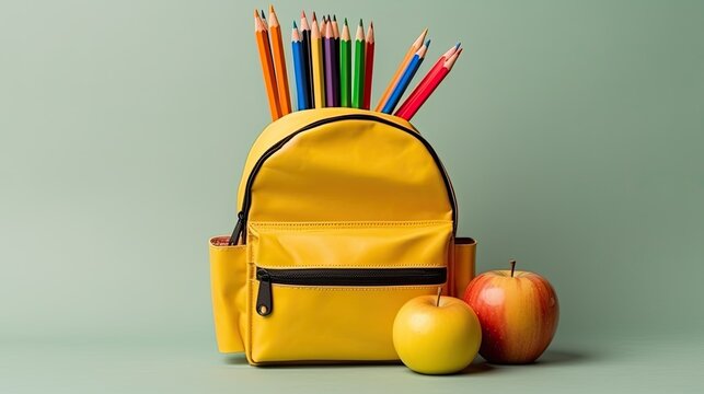 Gelber Schulrucksack mit bunten Buntstiften und &Auml;pfeln vor grau, gr&uuml;nem Hintergrund, Schulstart, neues Schuljahr oder Einschulung, Generative AI