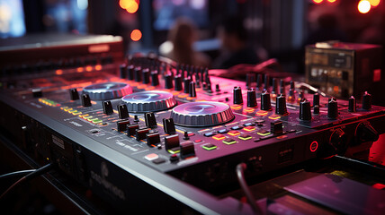 Dj mixer in nightclub, close-up, shallow depth of field.generative ai