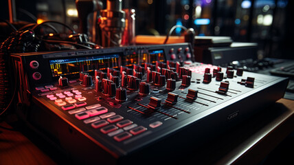 Dj mixer in nightclub, close-up, shallow depth of field.generative ai