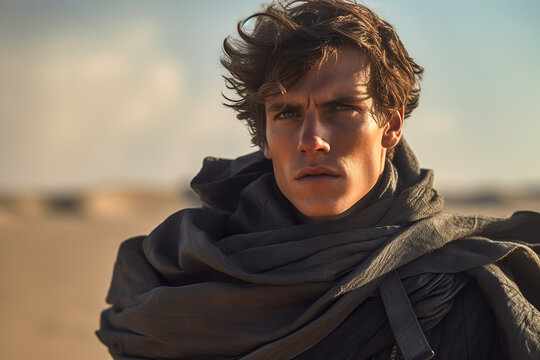 Generative AI illustration of male in cloak wandering in desert land and looking at camera