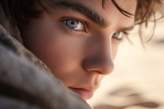 Generative AI illustration of boy child covered with cloak wandering in desert land looking away