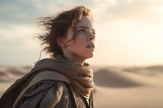 Generative AI illustration of female ranger in cloak looking up while standing against sandy dunes in sunlight