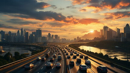 Traffic jam in the city at sunset,generative ai - obrazy, fototapety, plakaty