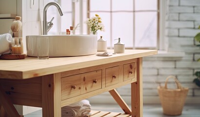 a big wooden countertop in a white bathroom Generative AI