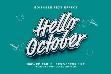 Hello October 3d Editable Text Effect Cartoon Style Premium Vector - obrazy, fototapety, plakaty
