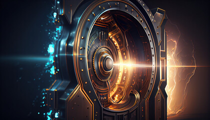 Abstract futuristic design portal into time machine. Post Quantum Cryptography. Electricity, technology, and machines. Wallpaper background Ai generated image