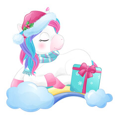 Cute unicorn Christmas winter watercolor illustration