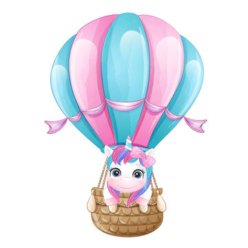 Cute unicorn in hot air balloon watercolor illustration