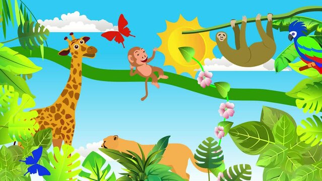 Jungle scene animation. giraffe. monkey. parrot and elephant 2d animation green plants.
