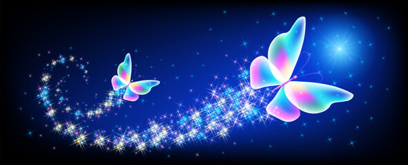 Magic butterflies with sparkle trail flying in night sky among glowing stars in cosmic space. Animal protection day concept.
