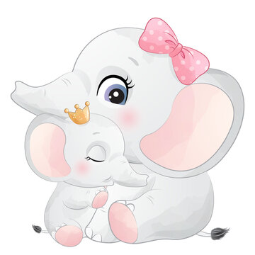 Cute elephant and baby elephant watercolor illustration