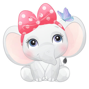 Cute elephant with red ribbon watercolor illustration