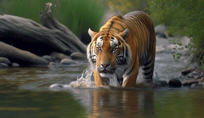Fototapeta na wymiar Amur tiger playing in the water Siberia. Dangerous ani.Generative AI