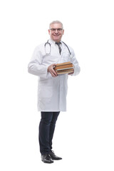 in full growth. a successful doctor with a stack of books