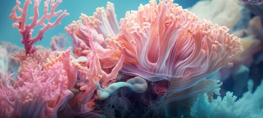 Fototapeta na wymiar Coral reef ocean sea water background - Closeup of beautiful colorful corals underwater (Generative Ai)