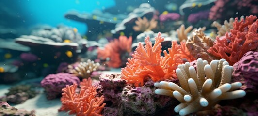 Fototapeta na wymiar Coral reef ocean sea water background - Closeup of beautiful colorful corals underwater (Generative Ai)