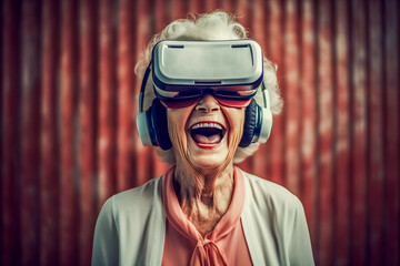 Generative AI illustration of excited senior lady with gray hair smiling happily while exploring virtual reality in VR goggles goggles