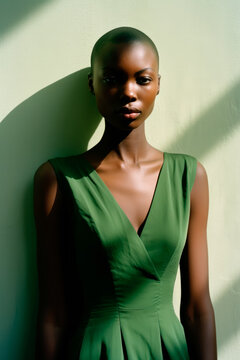 Generative AI illustration of young African American woman with shaved head in bright green dress looking at camera