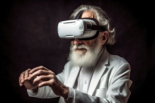 Generative AI illustration of bearded senior man in elegant white suit touching invisible object while exploring cyberspace in modern VR goggles