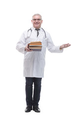 in full growth. a successful doctor with a stack of books