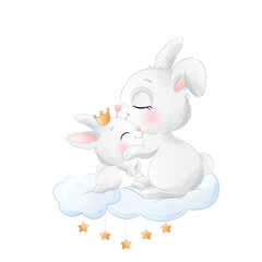 Fototapeta na wymiar Cute rabbit and baby rabbit on a cloud watercolor illustration