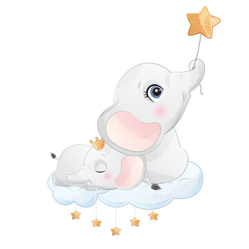 Cute elephant and baby elephant on a cloud watercolor illustration