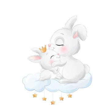 Cute rabbit and baby rabbit on a cloud watercolor illustration