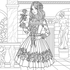 Beautiful vintage woman with a rose flower. Adult coloring book page with intricate ornament.