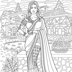 Beautiful young Indian woman in sari dress. Adult coloring book page with intricate ornament.