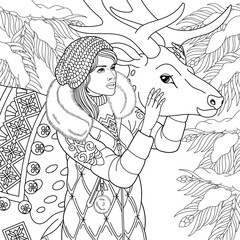Beautiful young woman with a raindeer in the winter forest. Adult coloring book page with intricate ornament.
