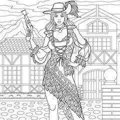 Beautiful young pirate woman in the western city. Adult coloring book page with intricate ornament.