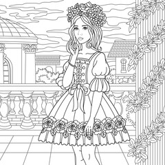Beautiful young woman, bride girl with flowers. Adult coloring book page with intricate ornament.