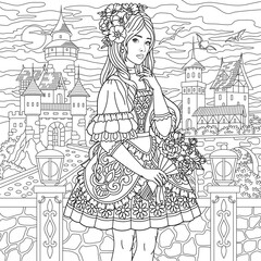 Beautiful young woman with the floral bouquet. Adult coloring book page with intricate ornament.