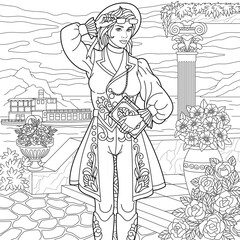 Beautiful steampunk woman on the floral quay. Adult coloring book page with intricate ornament.