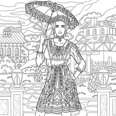 Beautiful young woman with the summer umbrella. Adult coloring book page with intricate ornament.