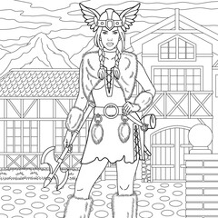 Beautiful viking woman, Scandinavian pirate lady. Adult coloring book page with intricate ornament.