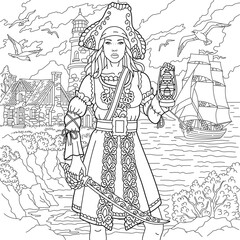 Beautiful young pirate woman on the seashore. Adult coloring book page with intricate ornament.
