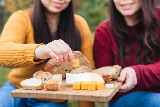 Anonymous female friends eating together in countryside