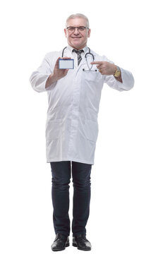 in full growth. qualified doctor showing his visiting card