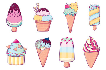 Collection of cartoon doodle ice cream. Pastel colors. Vector illustration of cute food