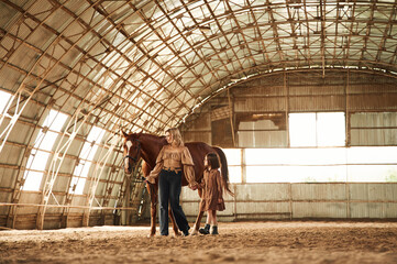 Distant view. Woman with her little daughter is with horse indoors