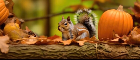 Naklejka na ściany i meble squirrel and acorn on tree, AI generative